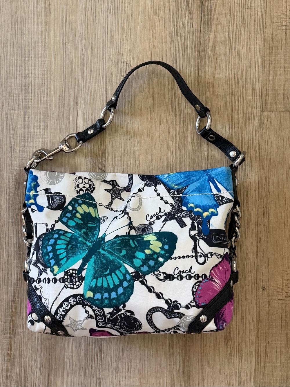 Coach Butterfly Print Shoulder Bag in Cream with Teal & Blue Accents
